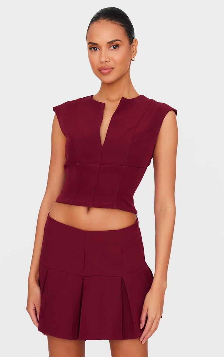 Burgundy Tailored Woven Plunge Cap Sleeve Cinched Waist Long Top Product Image