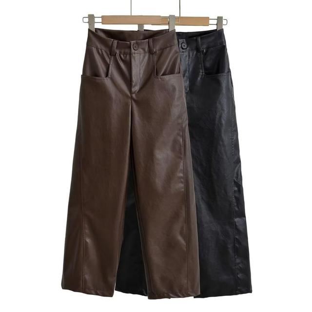 High Rise Faux Leather Plain Flared Pants Product Image