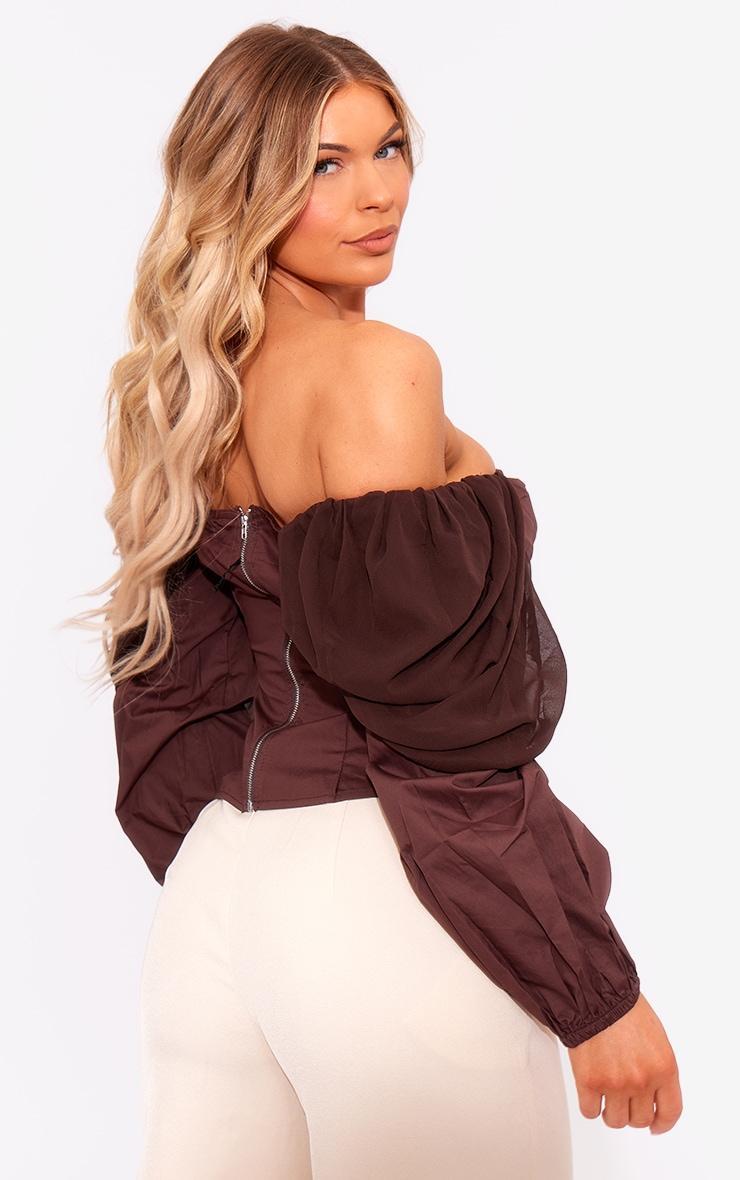 Brown Bardot Sleeve Chiffon Insert Shirt Product Image