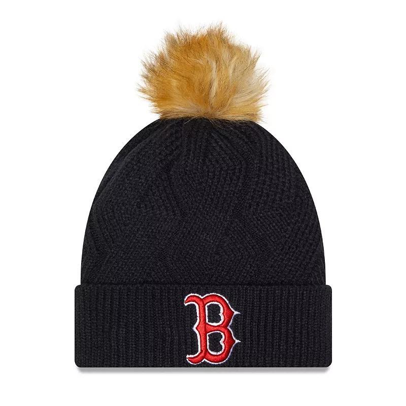 Womens New Era Boston Red Sox Snowy Cuffed Knit Hat with Pom, Blue Product Image