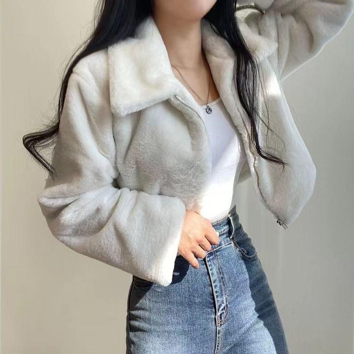 Long Sleeve Collared Zip Up Furry Cropped Jacket Product Image