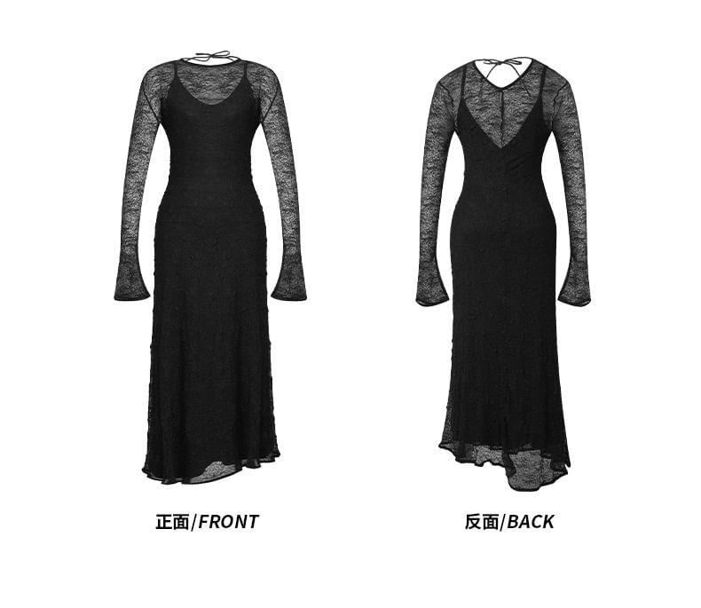 Long-Sleeve Round Neck Lace Midi A-Line Dress Product Image