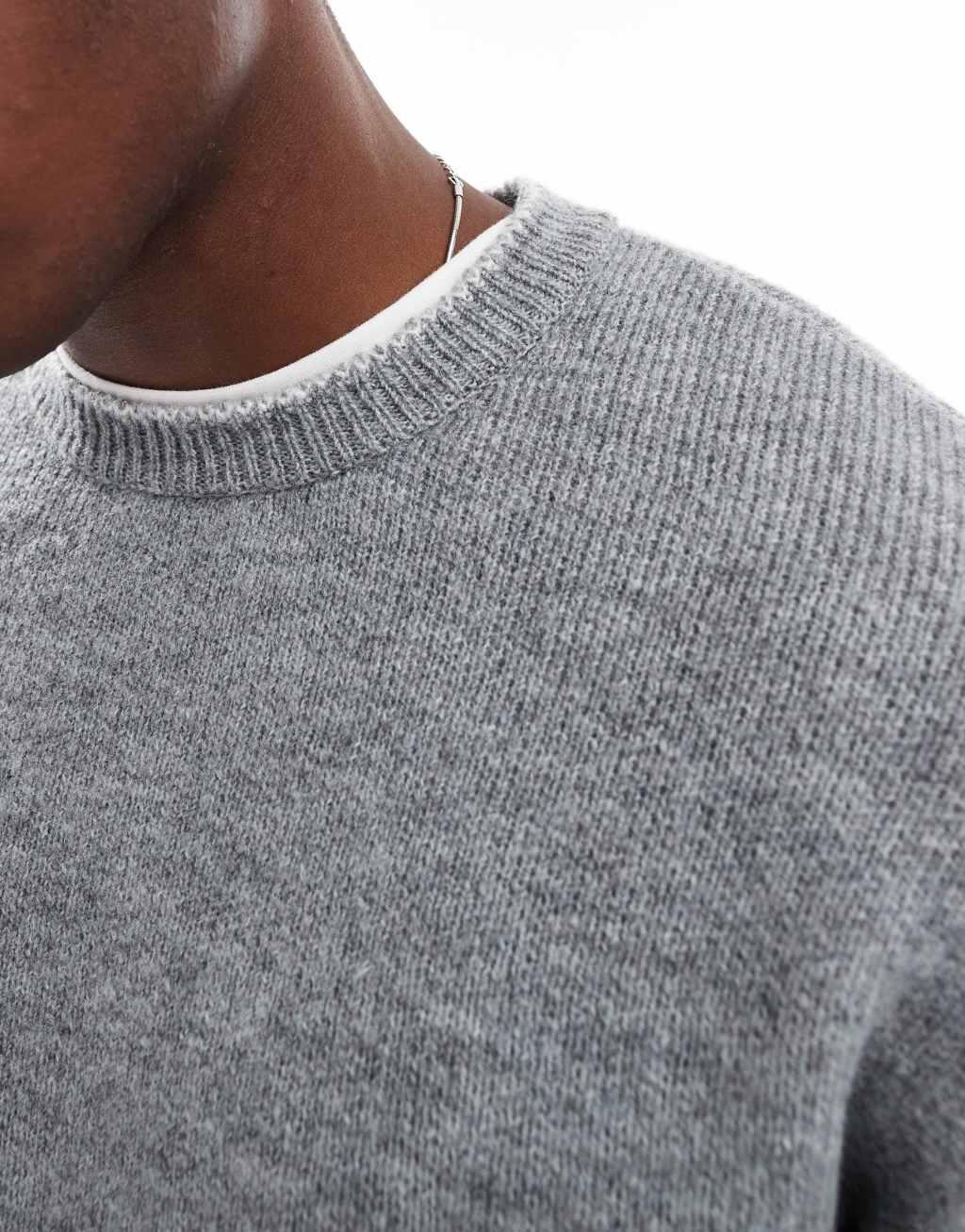 ASOS DESIGN relaxed knit plush sweater in gray with contrast blanket stitch Product Image