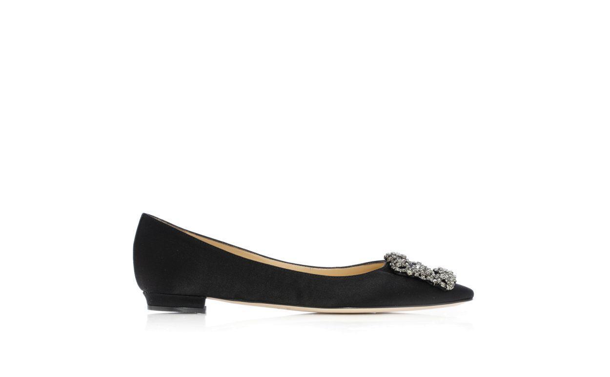 HANGISIFLAT Black Satin Jewel Buckle Flat Pumps Product Image