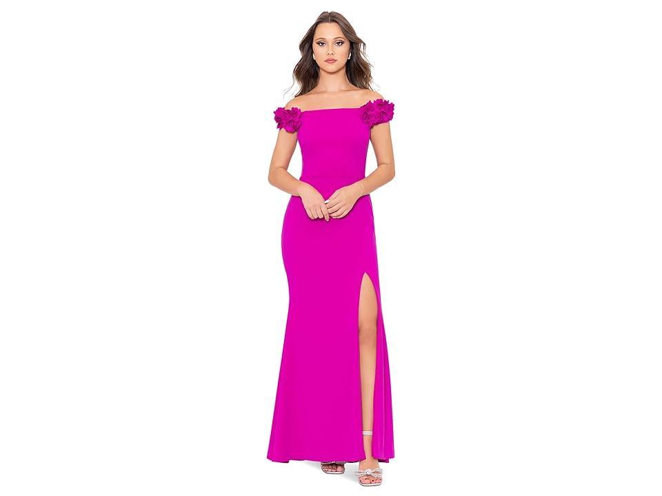 XSCAPE Long Scuba Crepe Off The Shoulder Flower (New Fushia) Women's Dress Product Image