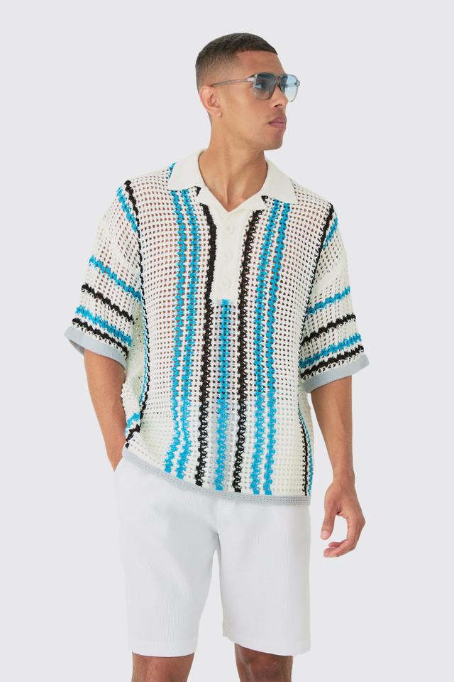 Oversized Open Stitch Deep Revere Stripe Knit Polo | boohooMAN USA Product Image