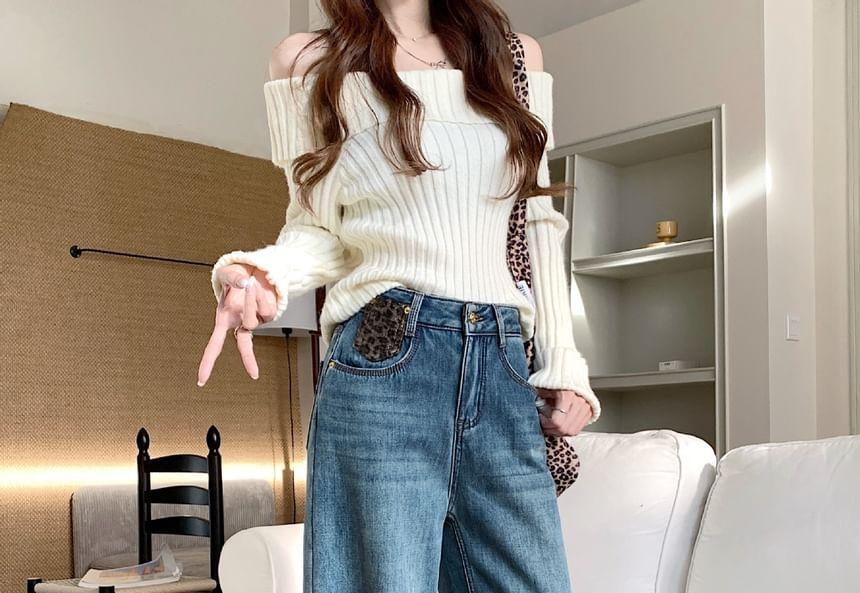 High Rise Leopard Print Panel Fleece-Lined Washed Wide Leg Jeans Product Image