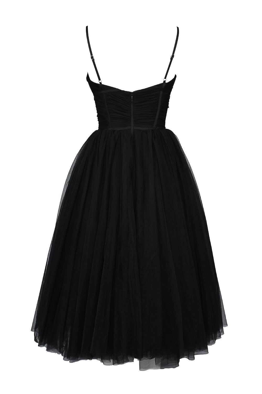 Countess Black Tulle Ruched Bodice Midi Dress Product Image