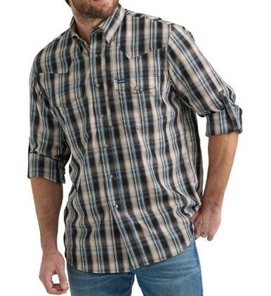 Wrangler® Men's L/S Tan/Black/Blue Plaid Performance Snap Shirt Product Image