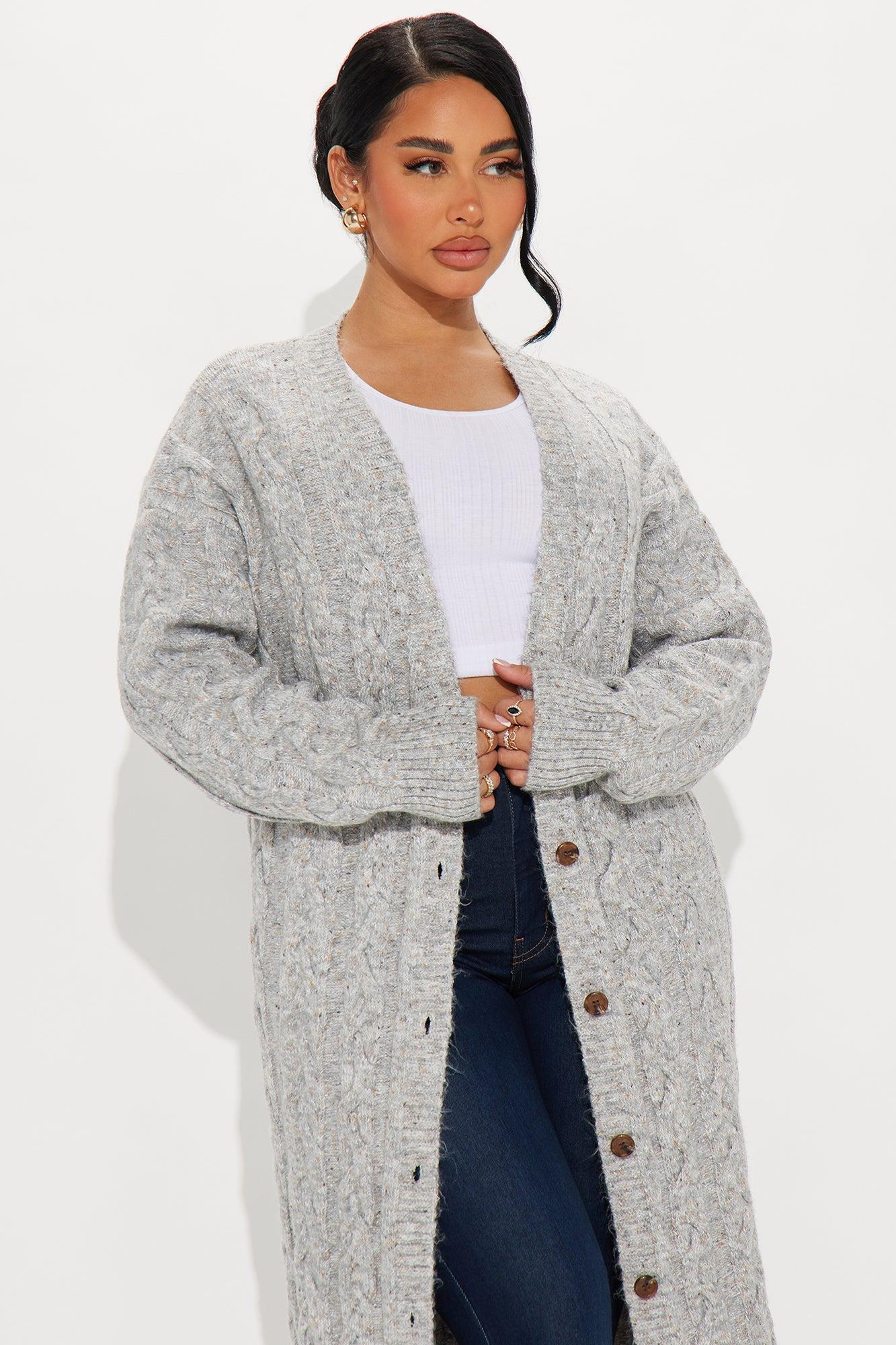 Brooklyn Distressed Cable Knit Cardigan - Grey Product Image