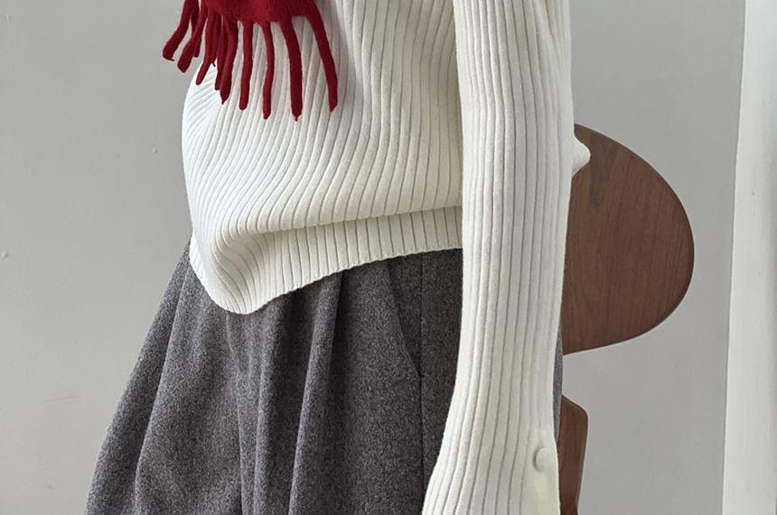 Long-Sleeve Turtleneck Ribbed Knit Top Product Image