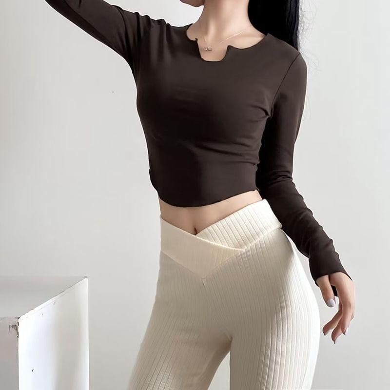 Long-Sleeve V-Neck Plain Crop T-Shirt Product Image