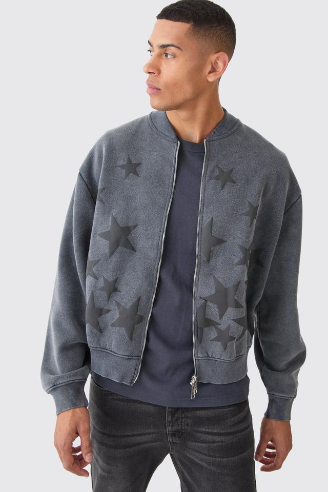 Oversized Boxy Acid Wash Star Applique Jersey Bomber Jacket | boohooMAN USA Product Image