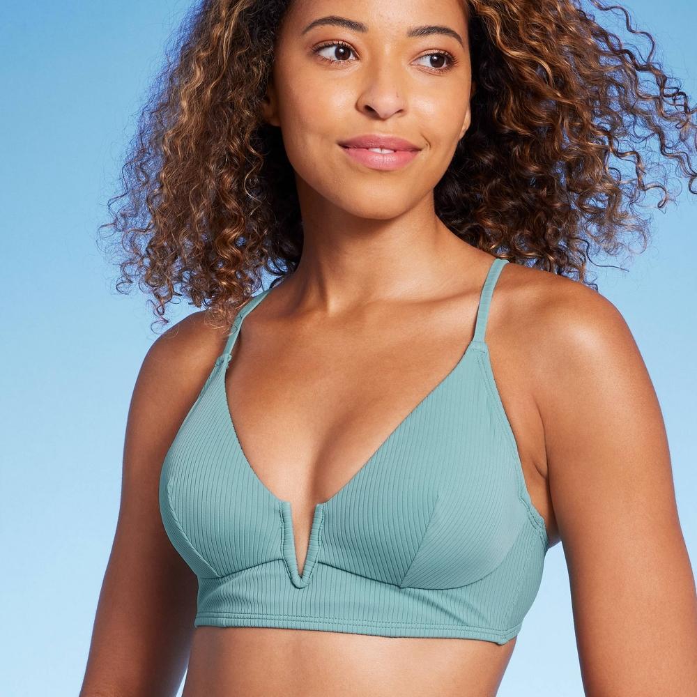 Women's Ribbed Longline V-Wire Bikini Top - Shade & Shore™ Green 38D Product Image