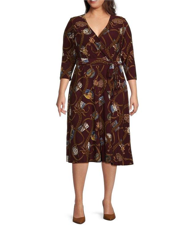 Lauren Ralph Lauren Plus Size Surplice Neck 3/4 Sleeve Belted Jersey Midi Dress Product Image