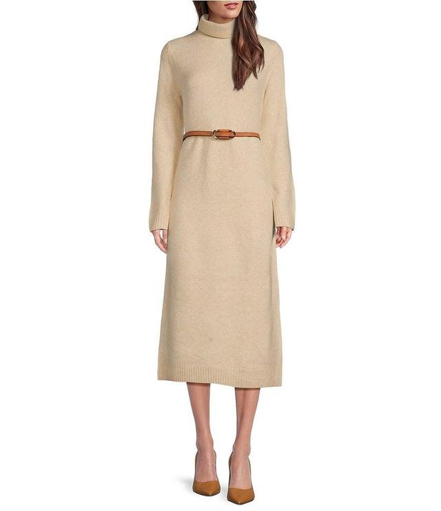 Gibson & Latimer Knit Turtle Neck Long Sleeve Belted Shift Sweater Midi Dress Product Image