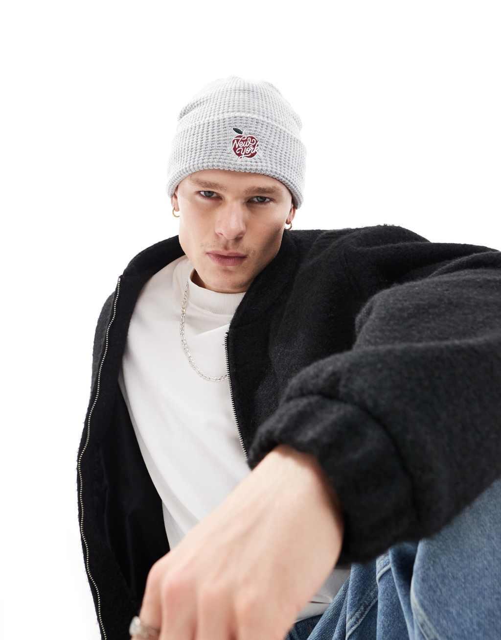 Cotton On waffle beanie with New York graphic in gray Product Image