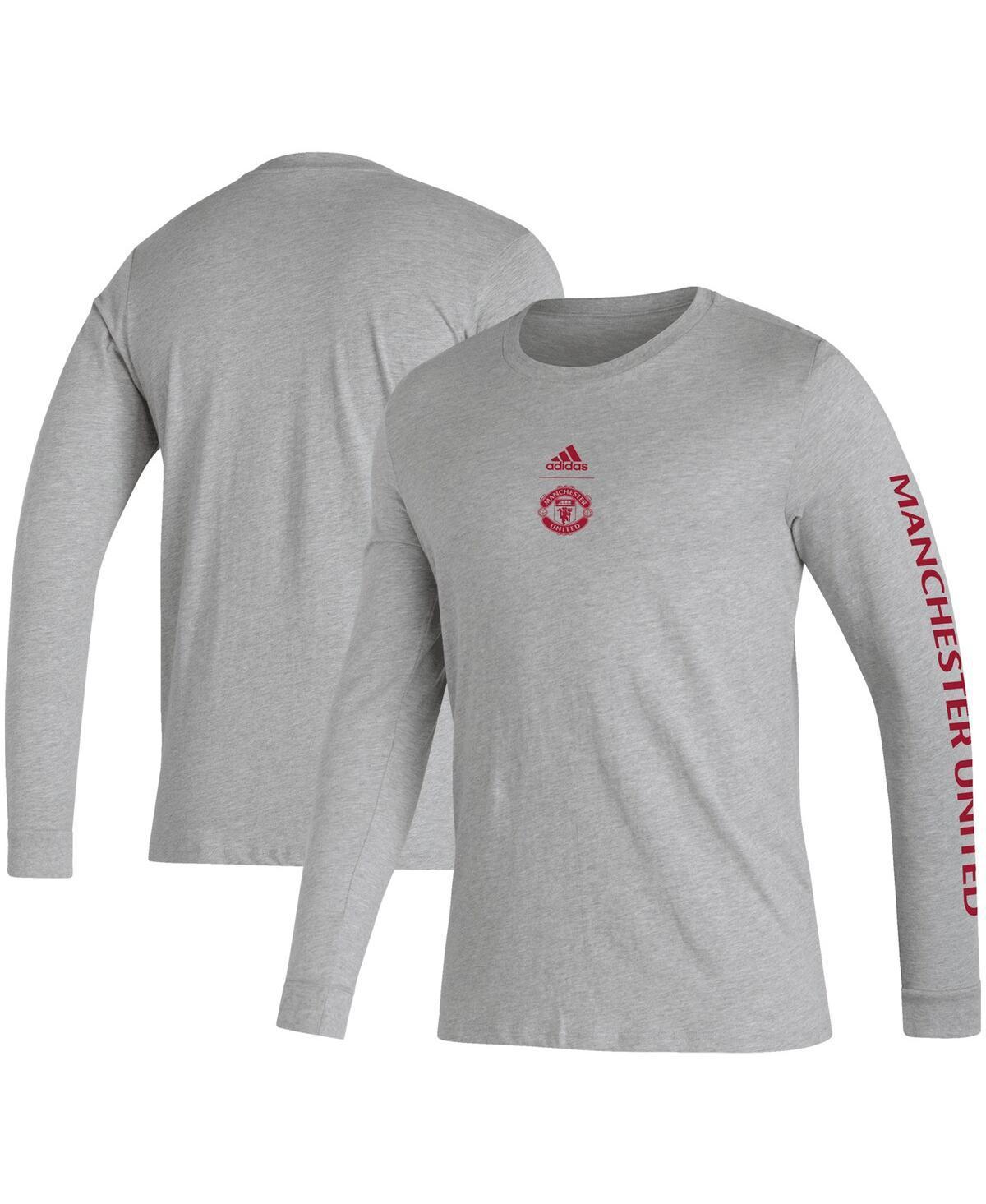 Mens adidas Heather Gray Manchester United Team Crest Long Sleeve T-Shirt Product Image