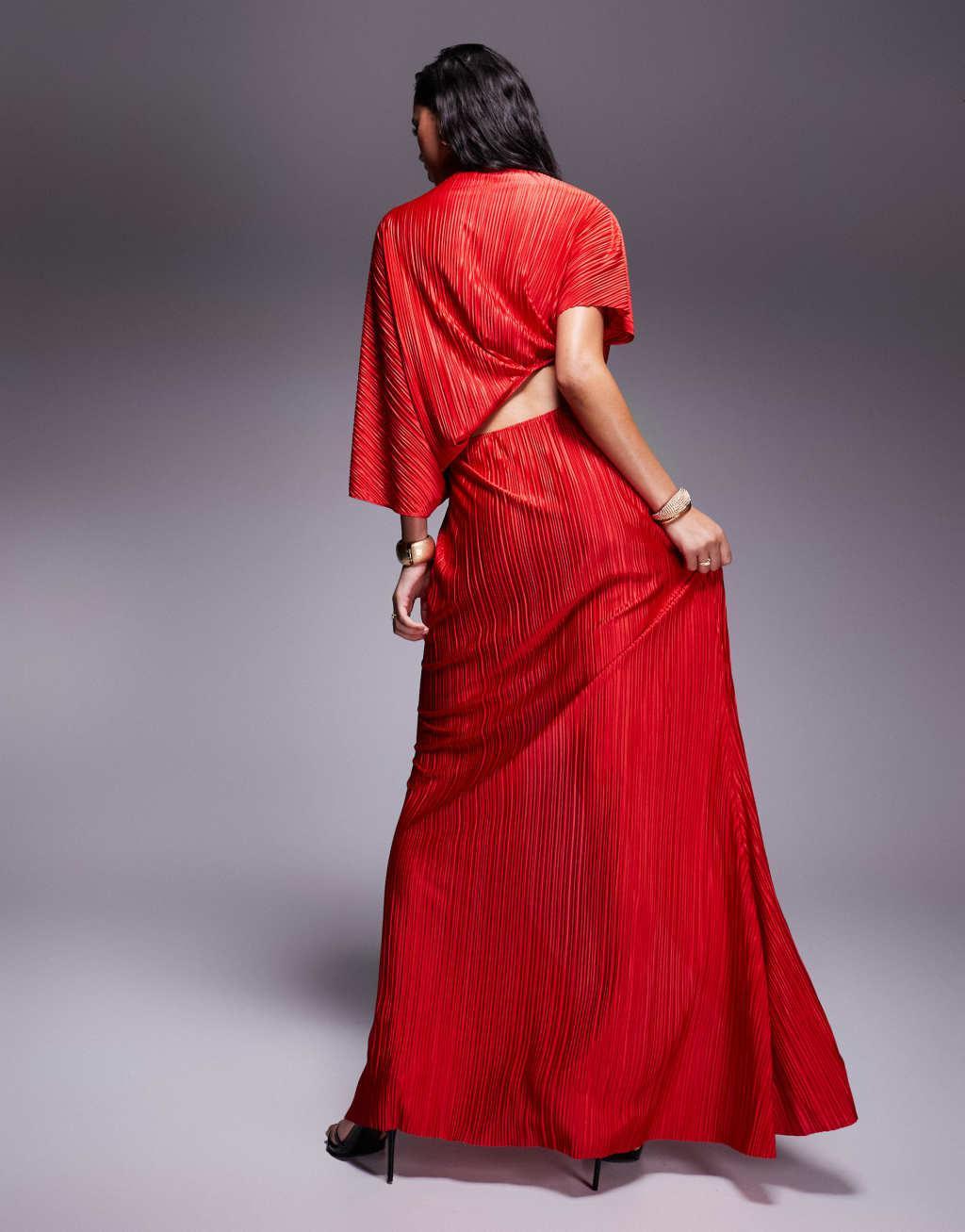 ASOS DESIGN premium plisse fallen drape maxi dress with ruching in red Product Image