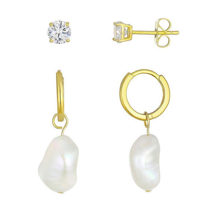 Cubic Zirconia Stud & Mother-of-Pearl Hoop Drop Earring Duo Set, Womens, White Product Image