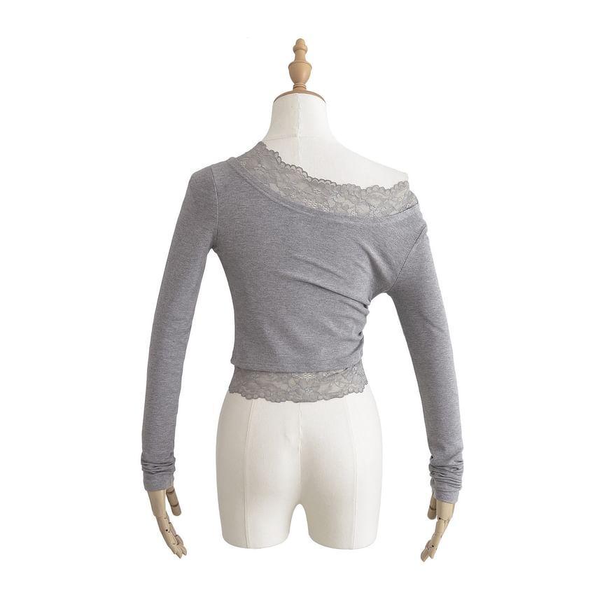 Long-Sleeve Cowl Neck Plain Lace Trim Tee Product Image