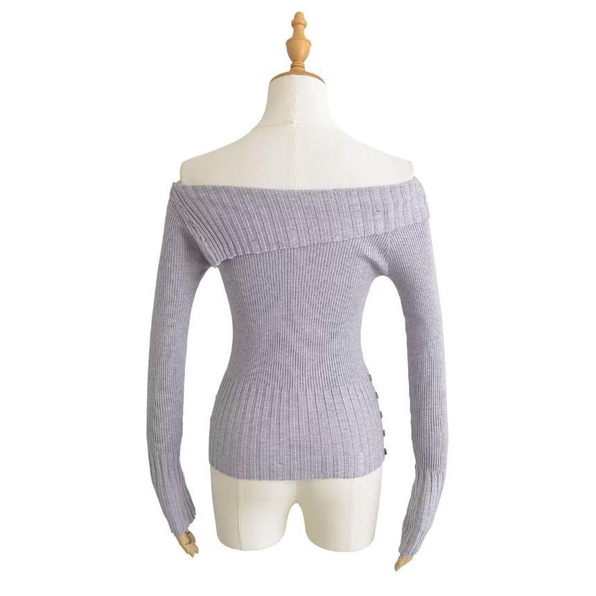 Off-Shoulder Long-Sleeve Plain Knit Top Product Image