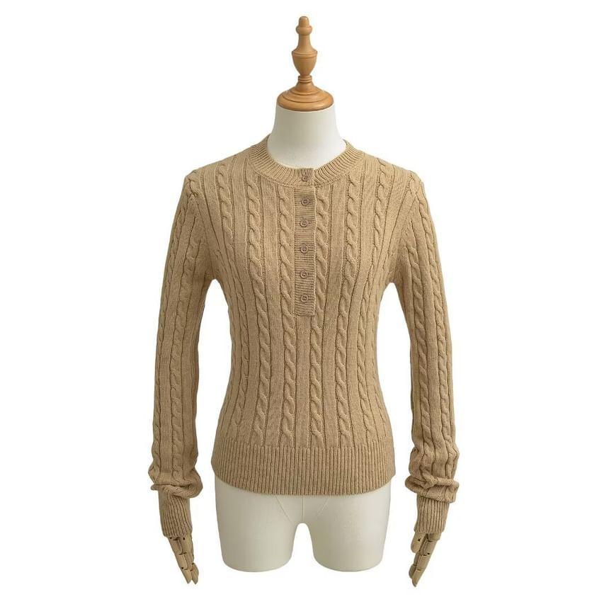 Long-Sleeve Crewneck Half Buttoned Plain Knit Top Product Image