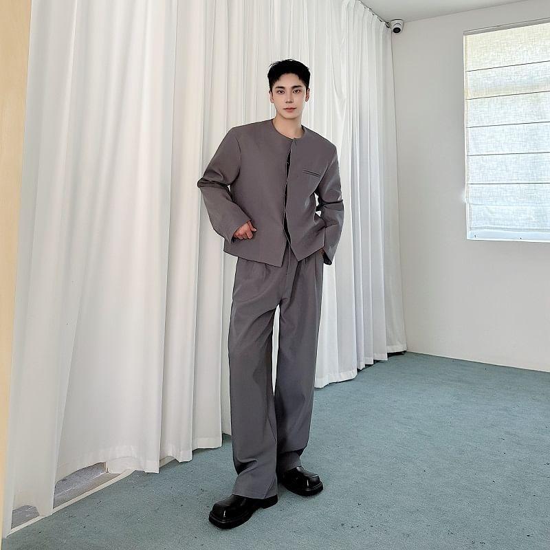 Set: Round Neck Plain Concealed Button Blazer + Mid Rise Straight Leg Dress Pants Product Image