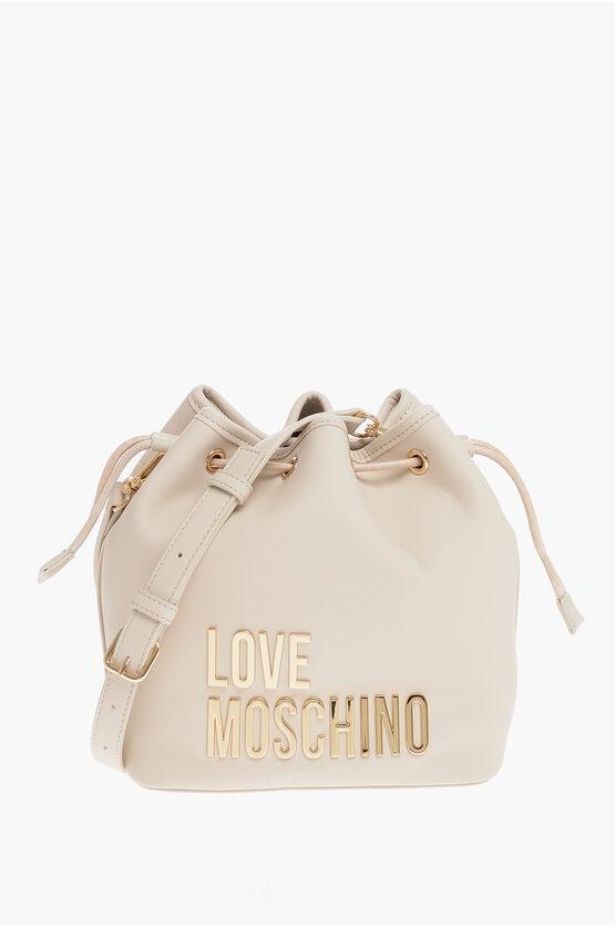 MOSCHINO Love Faux Leather Bucket Bag With Golden Maxi Logo In Beige Product Image