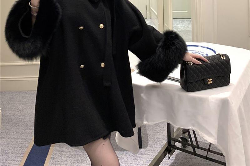 Furry-Cuff Double-Breasted Wool Coat with Sash Product Image