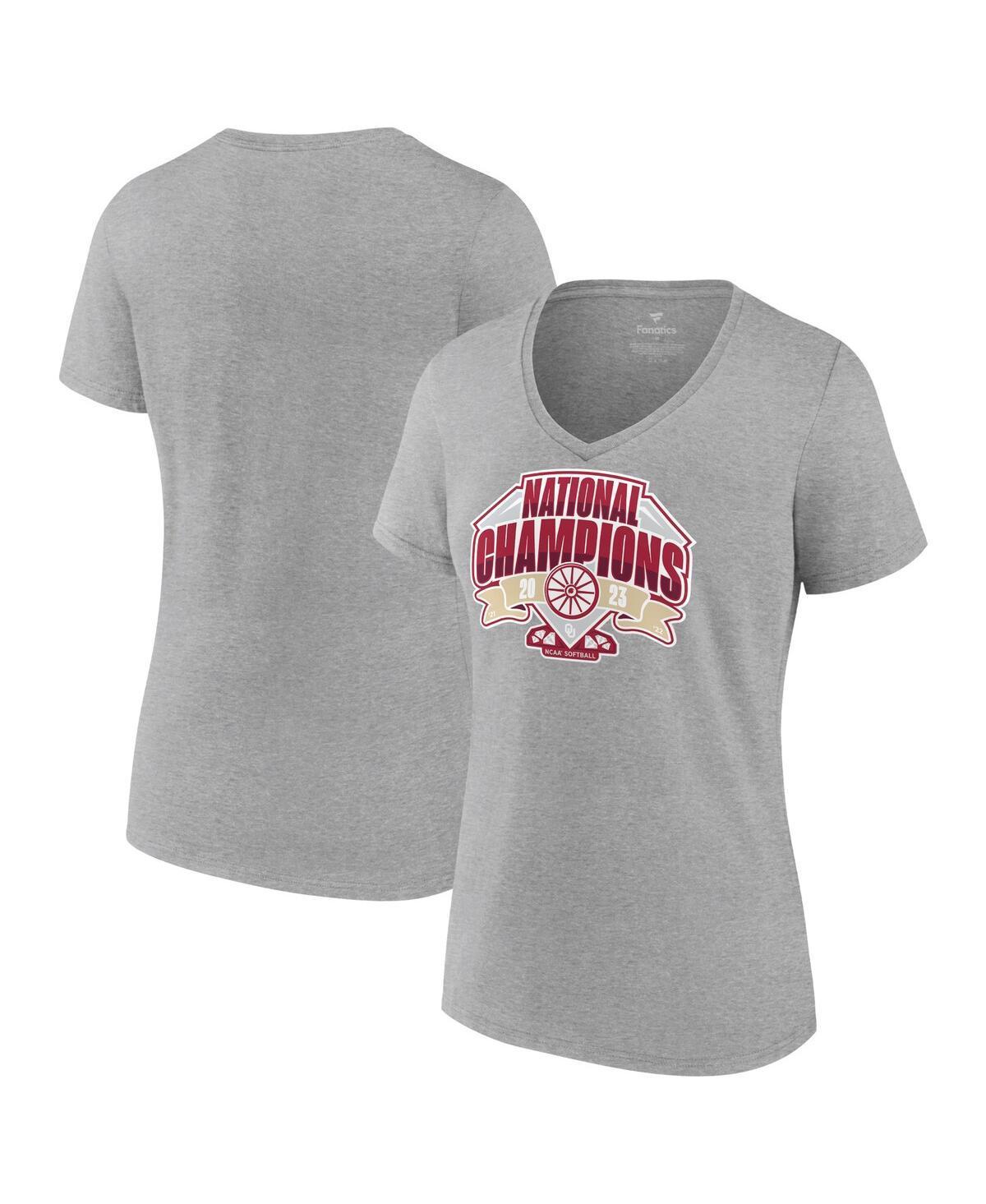 Womens Fanatics Gray Oklahoma Sooners 2023 Ncaa Softball Womens College World Series Champions Official Logo V-Neck T-shirt Product Image