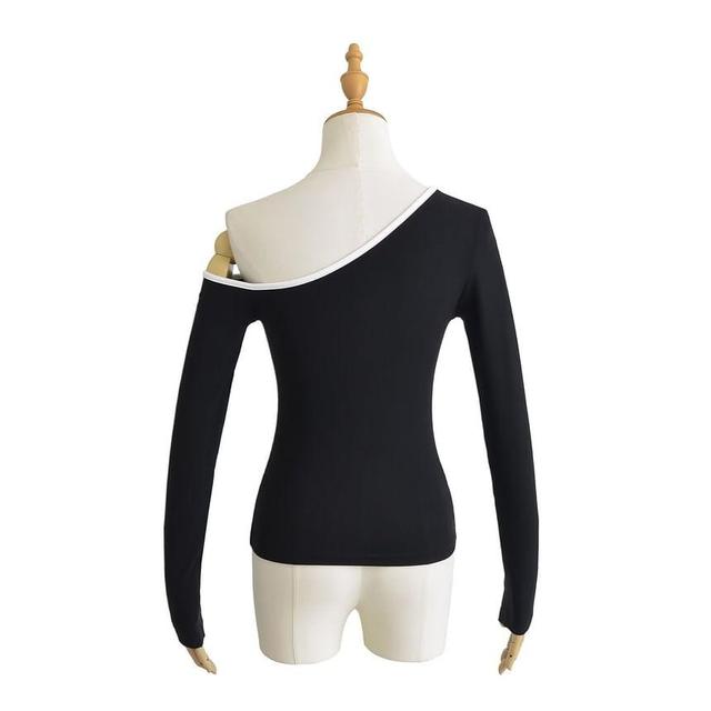 One-Shoulder Long-Sleeve Contrast Trim Tee Product Image