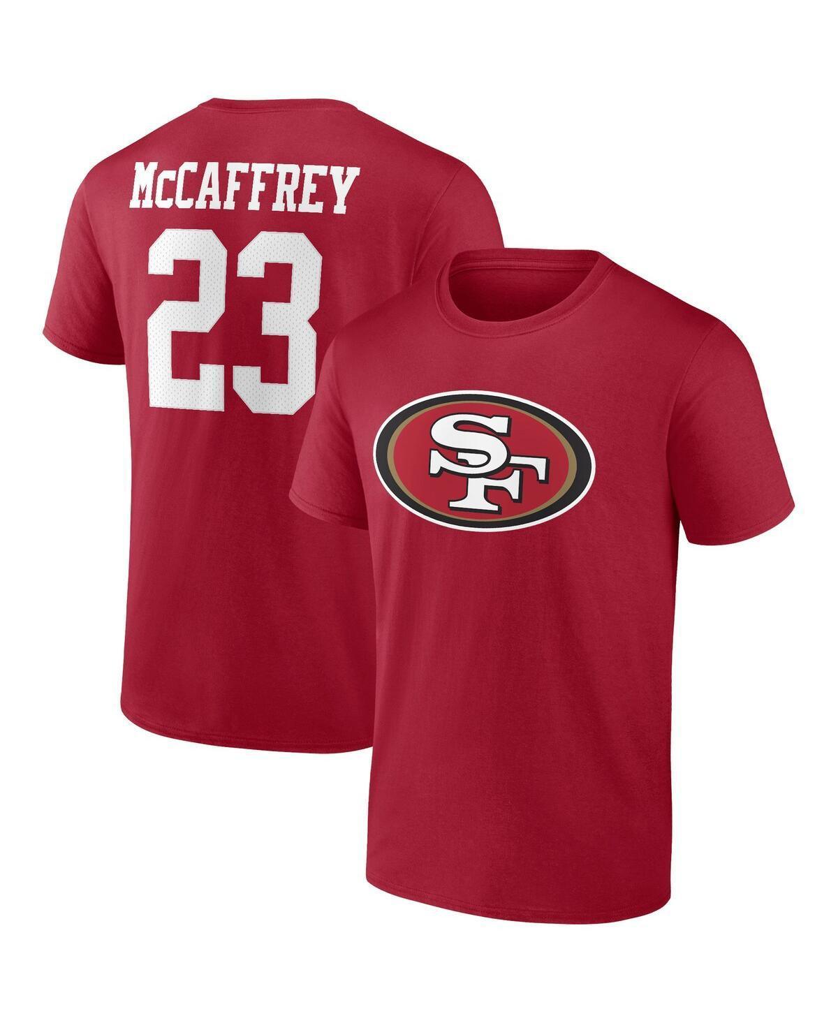 Mens Fanatics Christian McCaffrey Scarlet San Francisco 49ers Player Icon Name and Number T-shirt Product Image