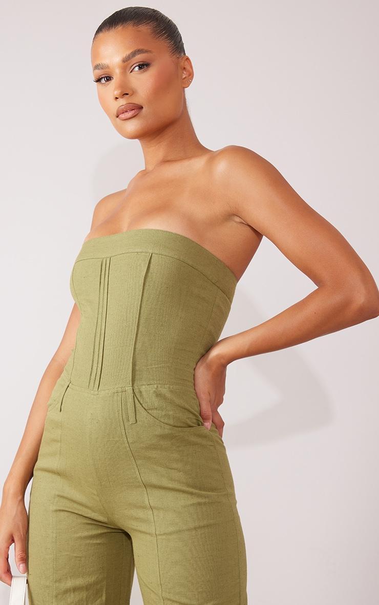 Khaki Linen Look Bandeau Tailored Jumpsuit Product Image