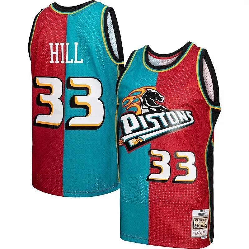 Mens Mitchell & Ness Grant Hill Teal/Red Detroit Pistons Hardwood Classics 1999-00 Split Swingman Jersey Product Image