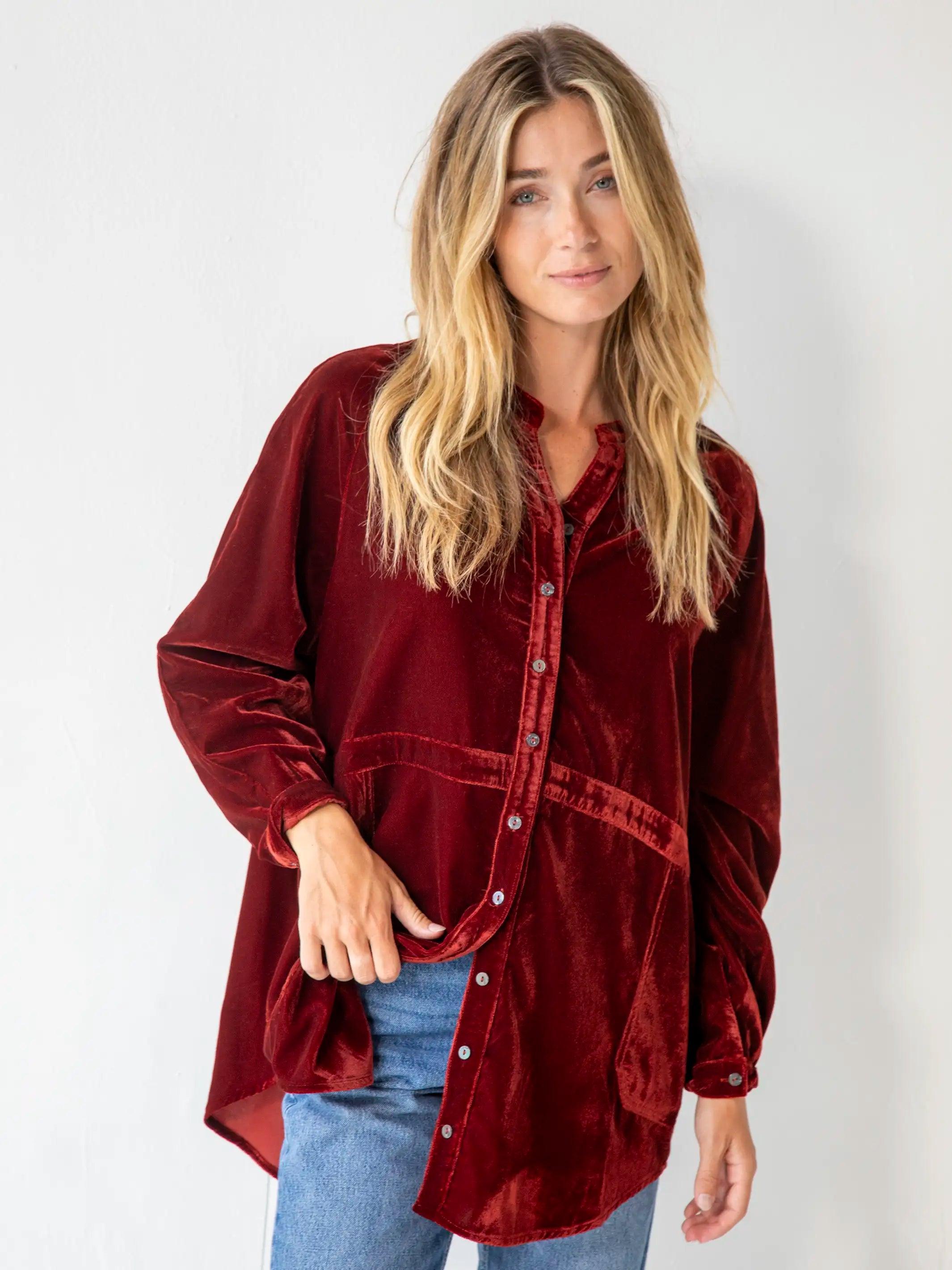 Laid Back Velvet Button Down - Rust Product Image