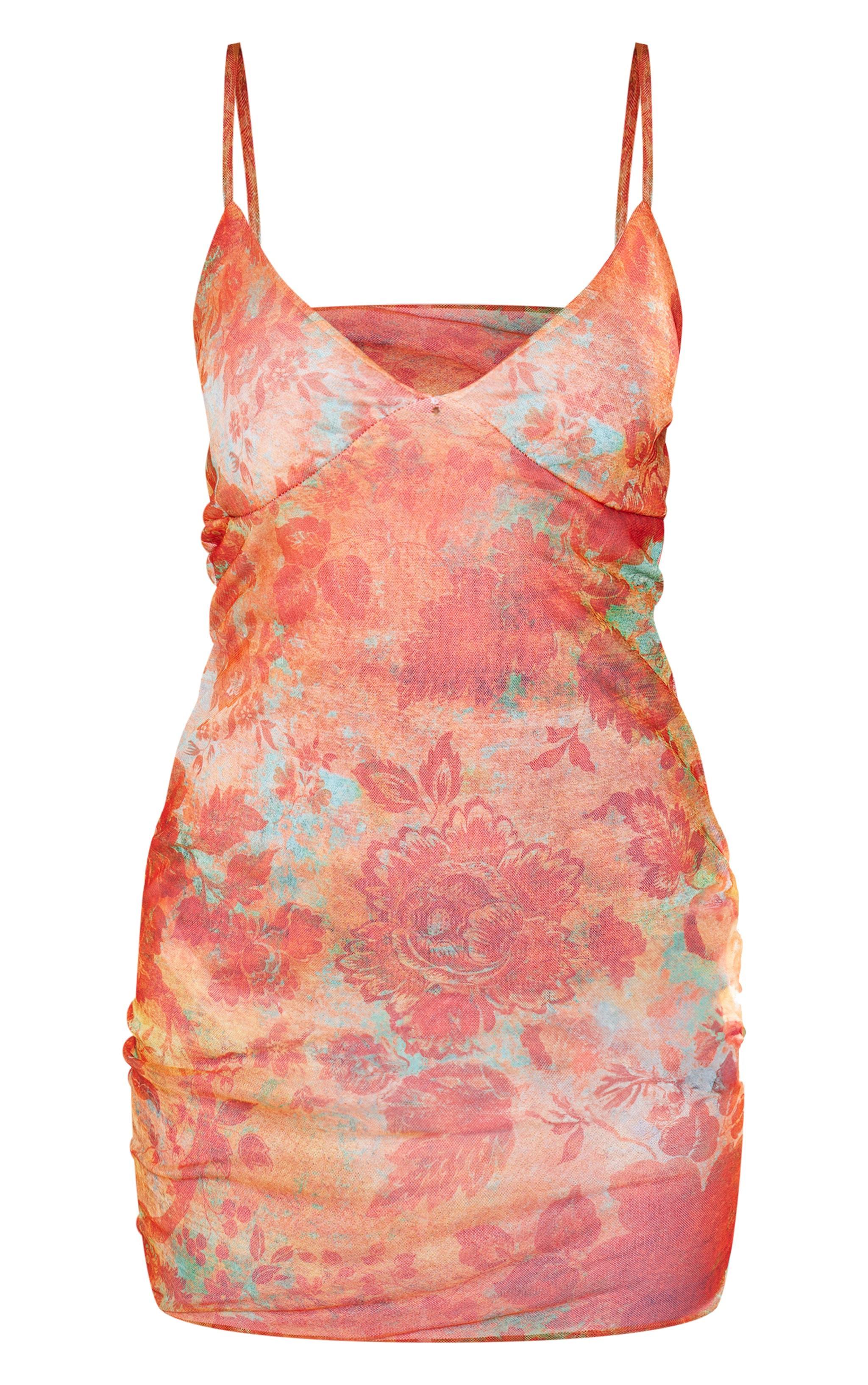 Rust Abstract Floral Mesh Shift Dress Product Image