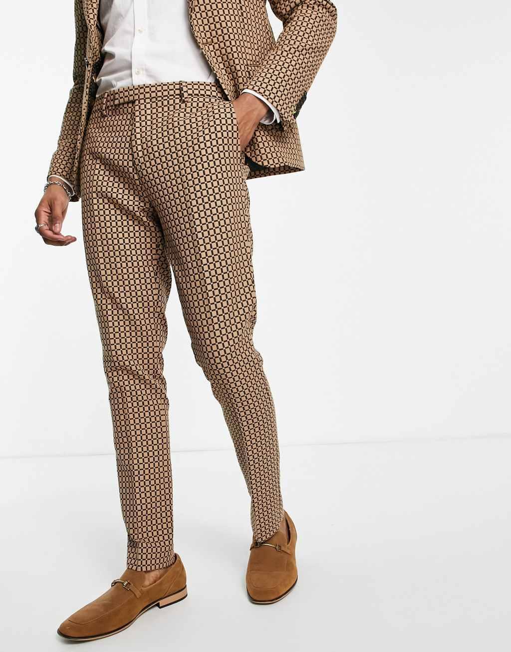 Twisted Tailor Malto skinny suit pants in light brown micro check Product Image