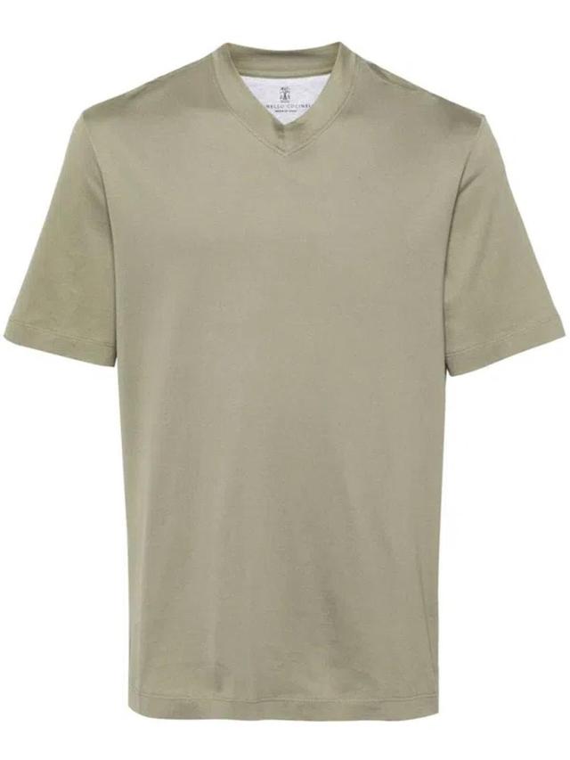 BRUNELLO CUCINELLI V-neck Cotton T-shirt In Green Product Image