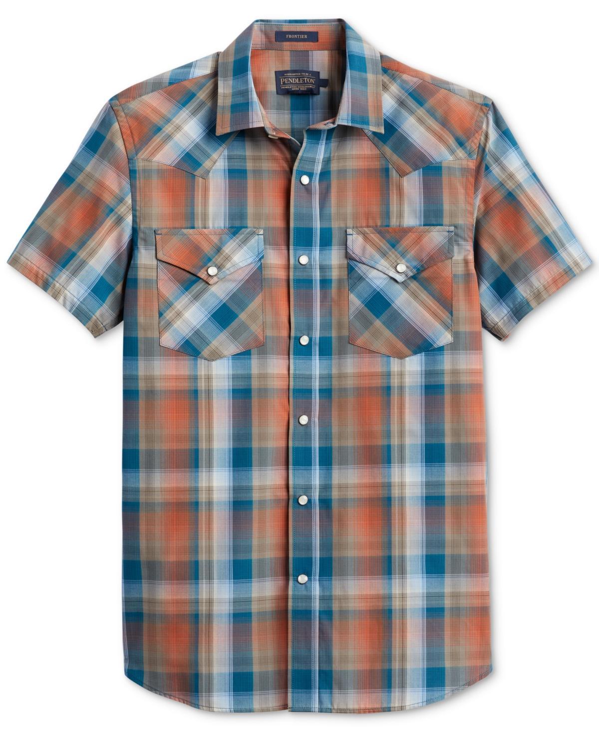 Pendleton Mens Frontier Plaid Short Sleeve Button-Front Shirt - Aegean, Brick Product Image