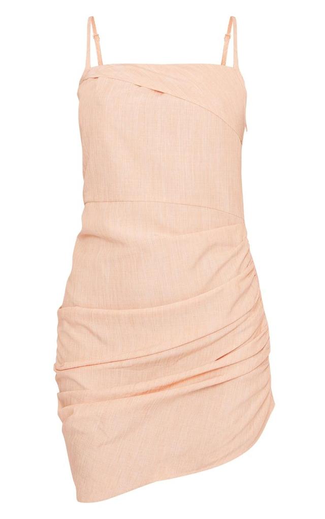 Tangerine Linen Look Fold Over Ruched Bodycon Dress Product Image