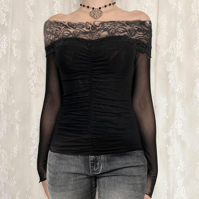 Long Sleeve Off-Shoulder Lace Panel Mesh See-Through Slim-Fit Top Product Image