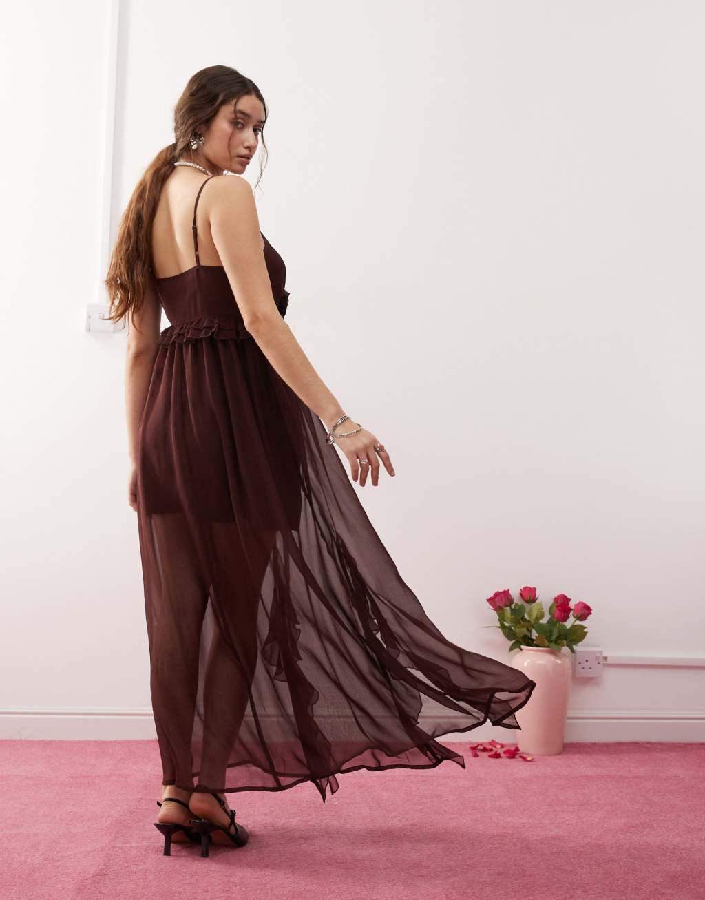 Miss Selfridge chiffon corsage detail cami maxi dress in brown Product Image