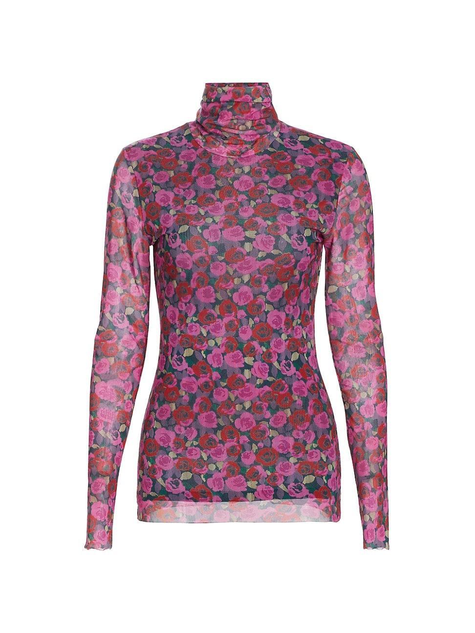 Floral Mesh Long-Sleeve Turtleneck Top Product Image