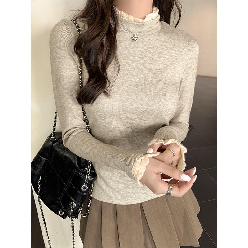 Long-Sleeve Mock Neck Plain Lace Trim T-Shirt Product Image