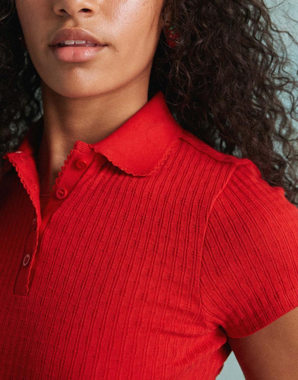 Miss Selfridge scallop collar polo top in red Product Image