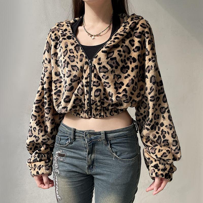 Leopard Print Zip Cropped Hoodie Product Image