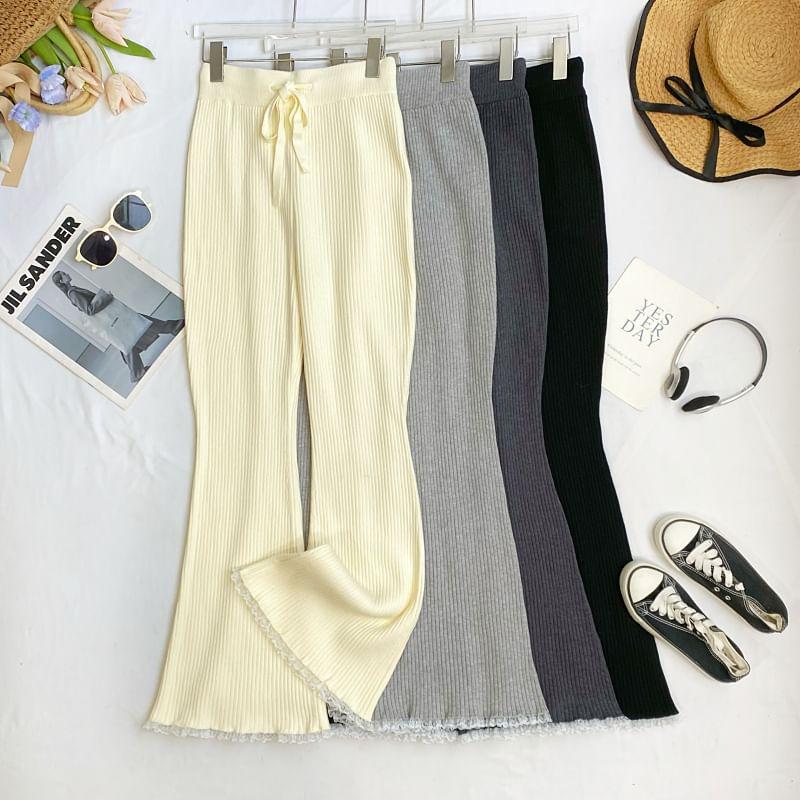 Drawstring Waist Lace Trim Ribbed Knit Flared Pants product image