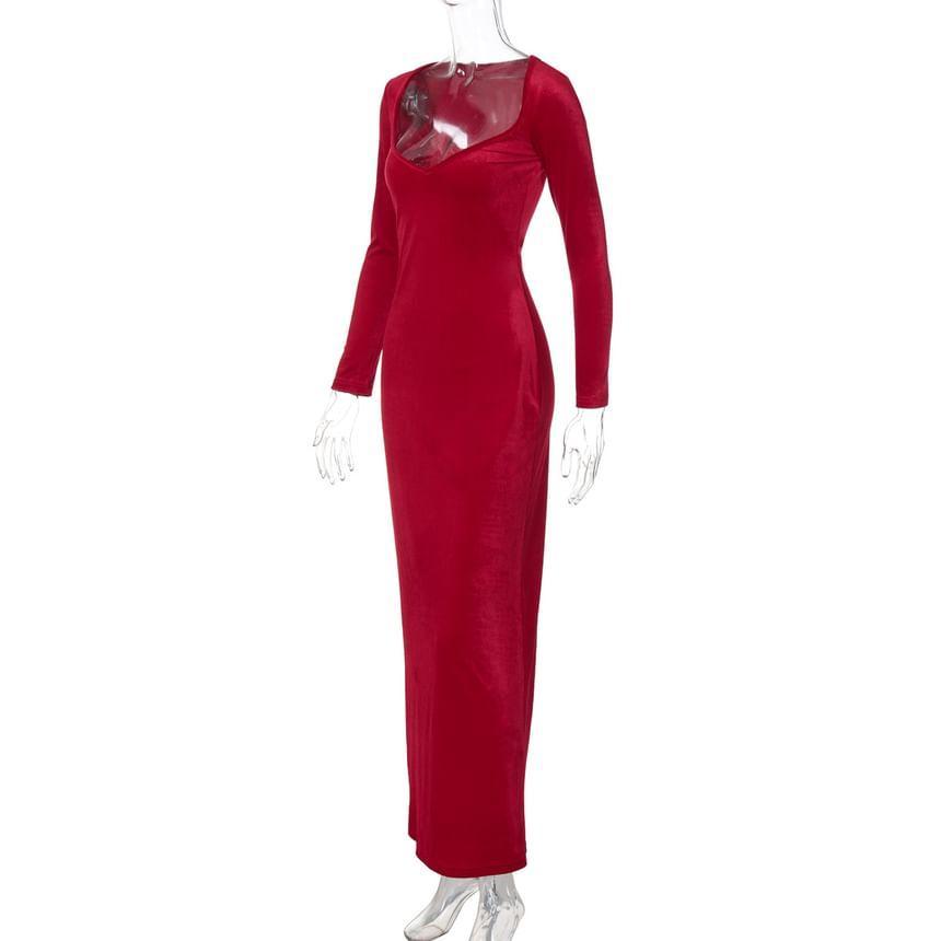 Long-Sleeve Sweetheart-Neckline Midi Velvet Bodycon Dress Product Image