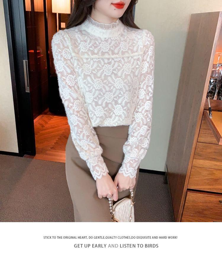 Long-Sleeve Mock Neck Floral Faux Pearl Blouse Product Image